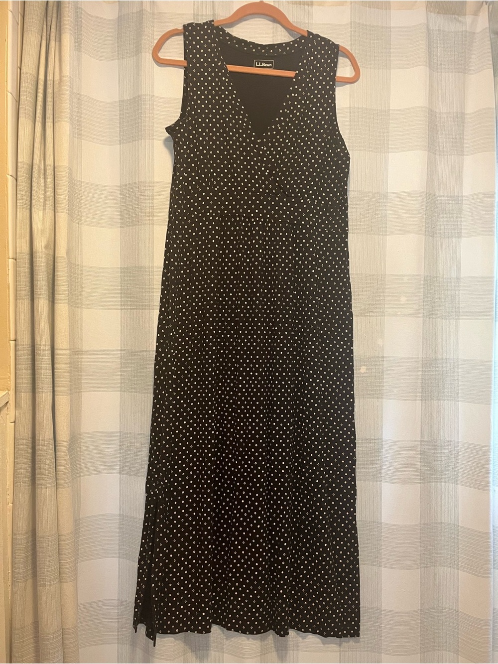 L.L. Bean Black Maxi Dress with White Polka Dots petite large P PL